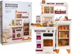 Dětská mega kuchyňka se světly, zvuky a párou – béžová, 93 ks doplňků