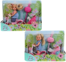 Panenka Evi Love na kole s přívěsem a pejskem