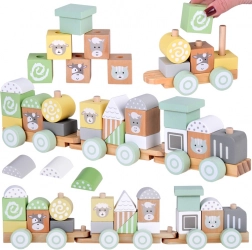 Dřevěný vláček s vagóny a stavebnicí