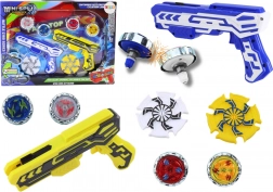Sada pistolových vystřelovačů s 4 kovovými kotouči se světly – modrá a žlutá