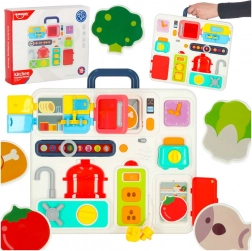 Montessori manipulační tabule s kuchyňskými prvky a učícím se hodinami