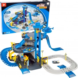 Policejní garáž se stanicí, 3 patra s výtahem, auta a vrtulník, 74 dílů