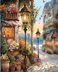 Diamentová mozaika - Květinová ulice s lampami