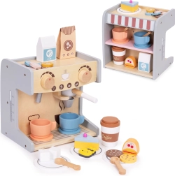 Dřevěný kávovar pro děti 2v1 s kavárnou a 26 doplňky ECOTOYS