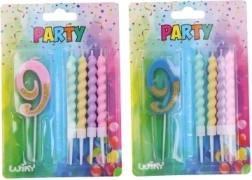 Párty svíčka číslo 9 s doplňkovými svíčkami