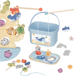 Dřevěná mořská sada 3v1: vyvažovací věž, magnetické rybaření a navlékání – 23 dílů