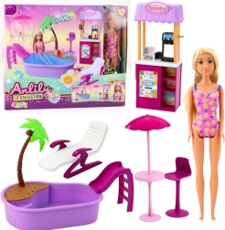 Lalka ANLILY na pláži s bazénem a stánkem s nápoji