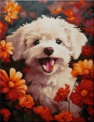 Diamantové malování pejsek v květinách 30 × 40 cm