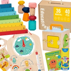 Tooky Toy montessori vzdělávací box 6v1: zamykací box, vyvažovací kameny, tabule počasí, počítání 1–10, omalovánky a knížka