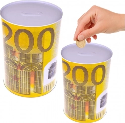 Kovová pokladnička ve tvaru plechovky s motivem bankovky 200 Euro