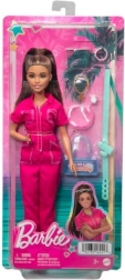 barbie brunetka v růžovém overalu s doplňky