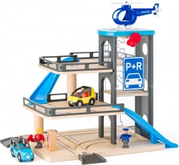 Dřevěné vícepatrové parkoviště s přistávací plochou pro helikoptéru