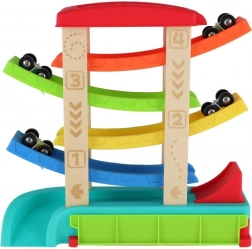 Kaskádová závodní dráha pro autíčka se 4 vozy, dřevo a plast, 33 × 32 × 10 cm