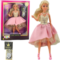 Lalka ANLILY v elegantních zlatorůžových plesových šatech s doplňky