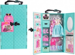Modrá šatní skříň s oblečky a doplňky pro panenky