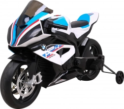 Dětská elektrická motorka BMW HP4, bílá, pomocná kolečka, pomalý start, kola EVA, MP3 a LED