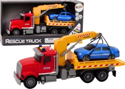 Červený odtahový vůz s jeřábem a světelnými efekty