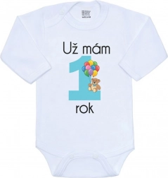Dětské body s potiskem New Baby Už mám 1 rok, modré, vel. 86