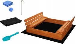 Dřevěné pískoviště s lavičkami a příslušenstvím 120 × 120 cm