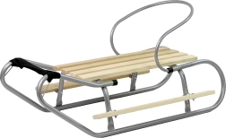 Kovové sáňky s opěrkou a tažným popruhem – stříbrné