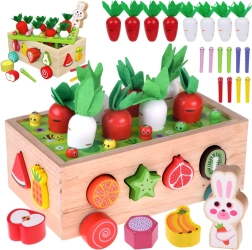 Dřevěný montessori zahradní vozíček se sklizní mrkve, tvary a magnetickými červíky