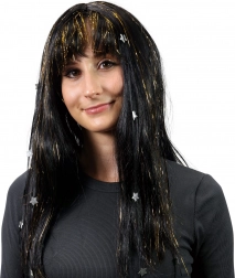 Paruka s černými vlasy zdobená zlatými pruhy a hvězdami