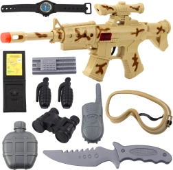 Vojenská sada s puškou a příslušenstvím, zvuk výstřelu, pískové maskování