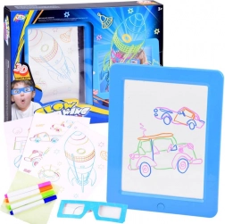 Podsvícená kreslící tabulka s 3D brýlemi a neonovými fixy – Modrá