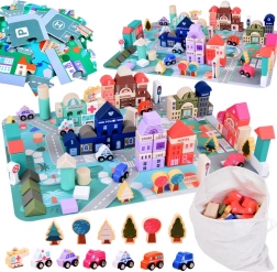 Pastelový dřevěný set Město s puzzle herní podložkou