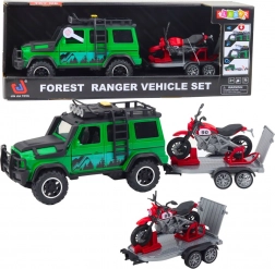 Terénní auto s přívěsem a motorkou se světly a zvuky – zelené