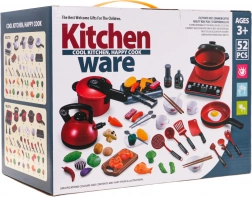 Červená sada hrnců s kuchyňkou a příslušenstvím