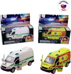 Záchranářské kovové auto se světlem a zvukem, pull-back 12 cm