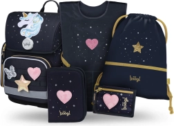 Baagl školní set 5 ks Ergo Unicorn Gold – aktovka, penál, sáček, zástěra a peněženka