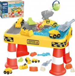 woopie stolní vodní a pískový stůl 2v1 stavební set s 12 díly a 4 autíčky