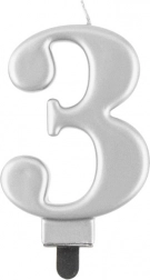 Dortová svíčka číslo 3 stříbrná 8 cm