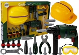 Sada dětských dílenských nástrojů s vrtačkou, ochrannými brýlemi a helmou