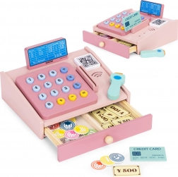 Dřevěná pokladna pro děti se skenerem, mincemi a platební kartou