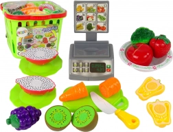Dětský nákupní košík s ovocem a zeleninou na krájení a obchodní vahou