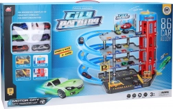 Parkovací stanice s 6 kovovými auty, výtahem a čerpací stanicí