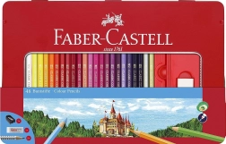 Dřevěné šestihranné pastelky FABER-CASTELL 48 ks v plechovém pouzdře s ořezávátkem, gumou a tužkami