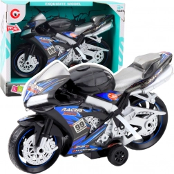 Černomodrý závodní motocykl s efekty světel a zvuku