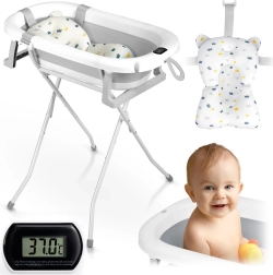 Skládací dětská vanička se stojanem, teploměrem a vložkou Ricokids, bílo‑šedá