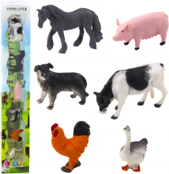 Mini figurky hospodářských zvířat 3–5 cm – kůň, kráva, prase, pes, kohout a husa, sada 6 ks