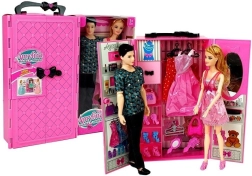 Sada panenek kluk a holka se šatní skříní a oblečky v kufříku