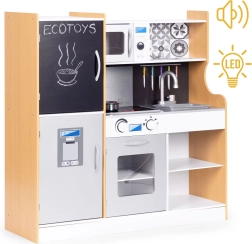 dětská dřevěná kuchyňka se zvukem a led osvětlením s tabulí a kovovými doplňky ECOTOYS