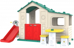 Velký dětský domeček s předsíní, skluzavkou a zelenou střechou