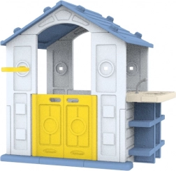 Dětský domeček s modrou střechou a herní kuchyňkou