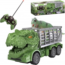 RC dinosauří nákladní auto se zeleným T‑rexem a figurkou WOOPIE