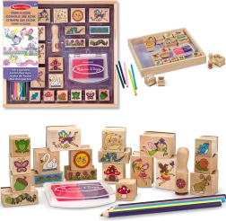 Melissa & Doug kreativní sada dřevěná razítka vílí zahrada (20 motivů, inkoust a pastelky)