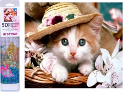 Diamantové malování kotě se slamákem 30 × 40 cm